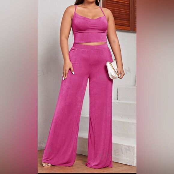SHEIN S:2XL Hot Pink crop top w/ Wide Leg Pants cord Set with Butterfly Belt EUC - Picture 1 of 9